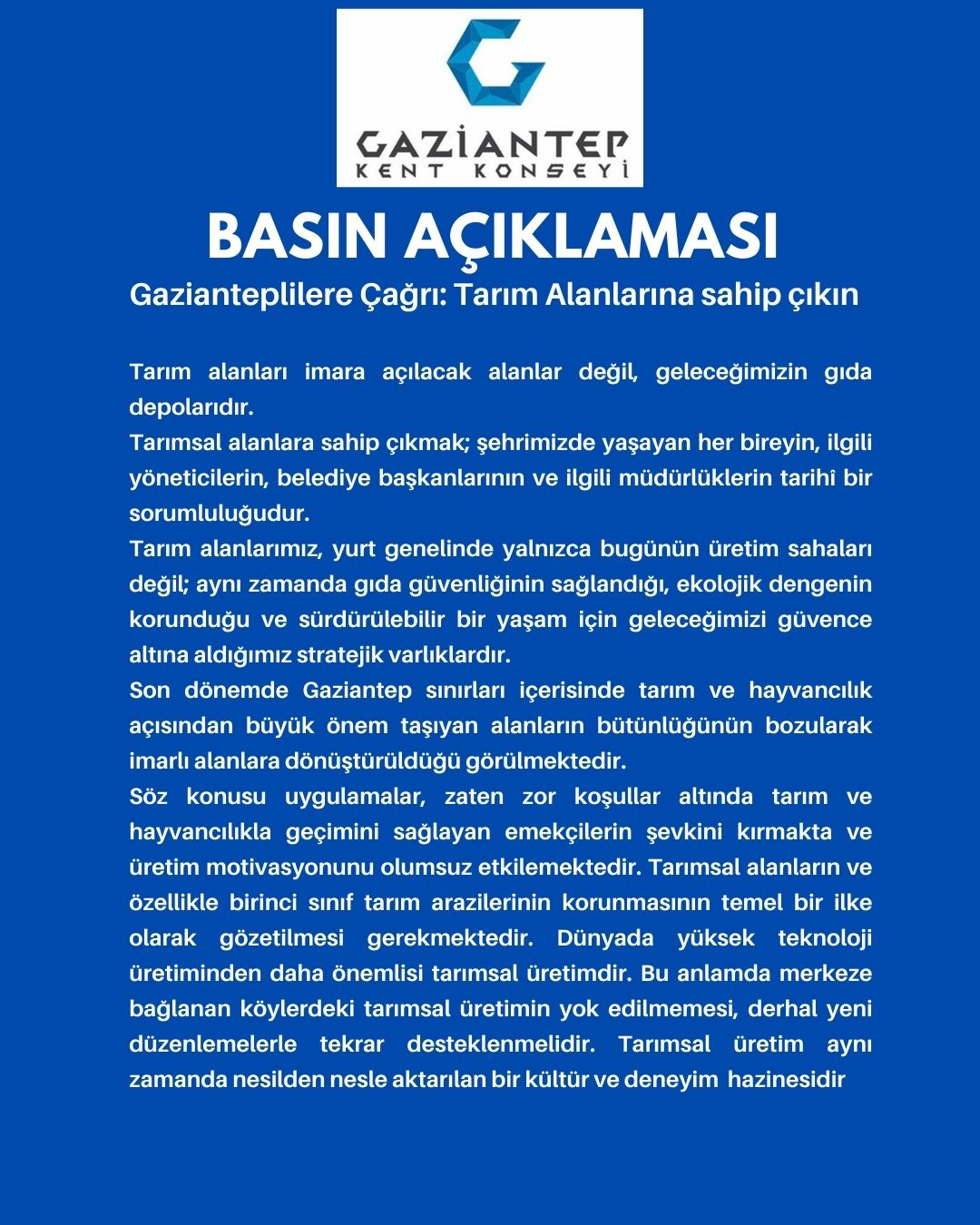 Gazianteplilere Çağrı: Tarım Alanlarına sahip çıkın !